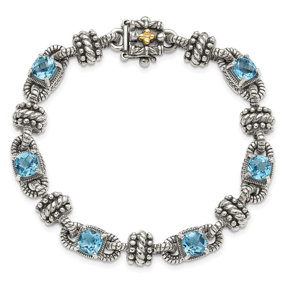 14K/Silver Two Tone Shey Couture Sterling Silver With 14K Accent 7.5 Inch Antiqued Cushion Swiss Blue Topaz Bracelet