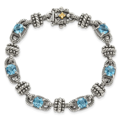 14K/Silver Two Tone Shey Couture Sterling Silver With 14K Accent 7.5 Inch Antiqued Cushion Swiss Blue Topaz Bracelet