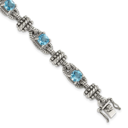 14K/Silver Two Tone Shey Couture Sterling Silver With 14K Accent 7.5 Inch Antiqued Cushion Swiss Blue Topaz Bracelet