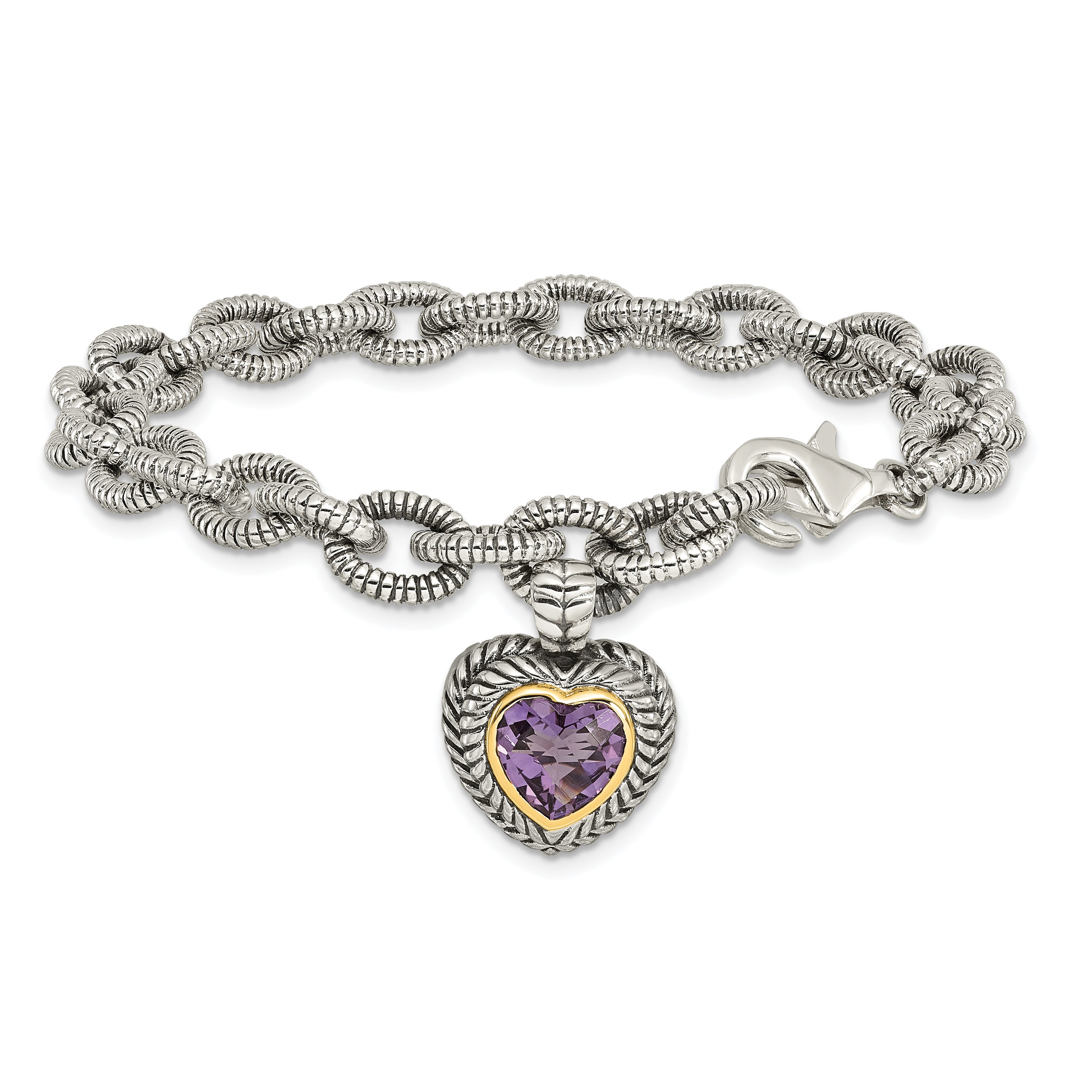 14K/Silver Two Tone Shey Couture Sterling Silver With 14K Accent 7.5 Inch Antiqued Amethyst Heart Link Bracelet