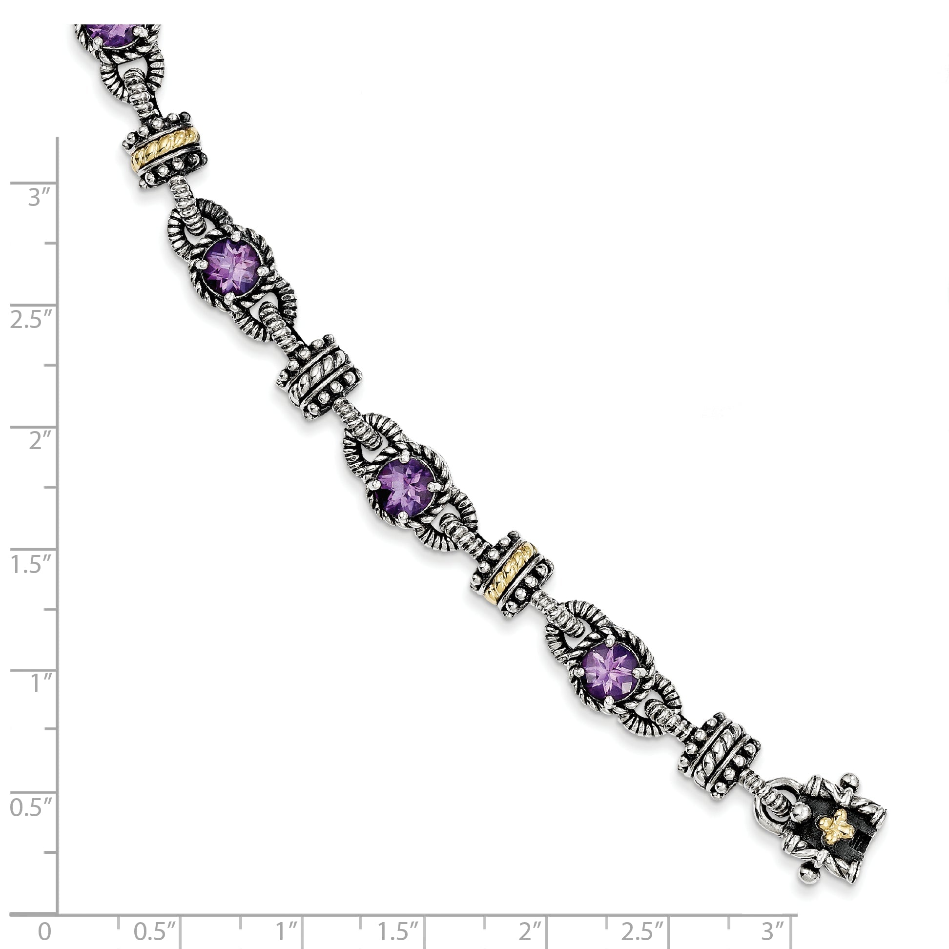 14K/Silver Two Tone Shey Couture Sterling Silver With 14K Accent 7.5 Inch Antiqued Round Amethyst Bracelet