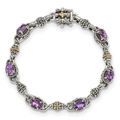 14K/Silver Two Tone Shey Couture Sterling Silver With 14K Accent 7.25 Inch Antiqued Oval Amethyst Bracelet