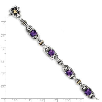 14K/Silver Two Tone Shey Couture Sterling Silver With 14K Accent 7.25 Inch Antiqued Cushion Amethyst Bracelet