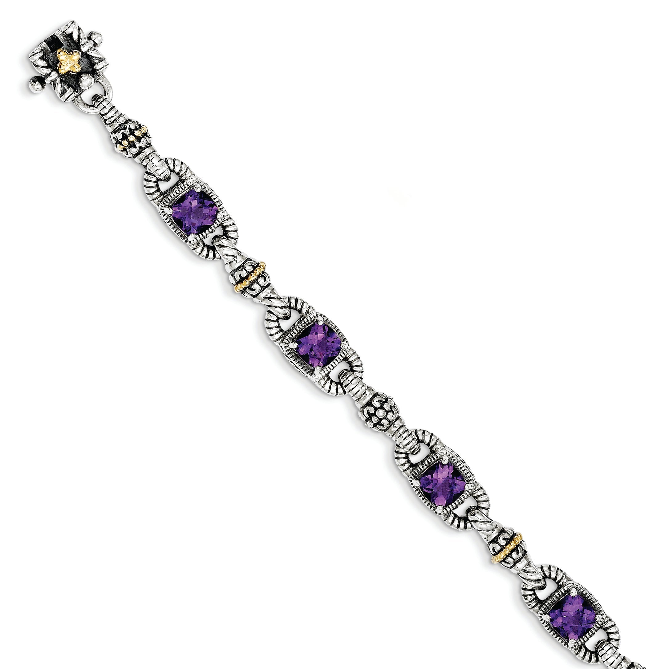 14K/Silver Two Tone Shey Couture Sterling Silver With 14K Accent 7.25 Inch Antiqued Cushion Amethyst Bracelet
