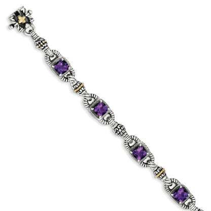 14K/Silver Two Tone Shey Couture Sterling Silver With 14K Accent 7.25 Inch Antiqued Cushion Amethyst Bracelet