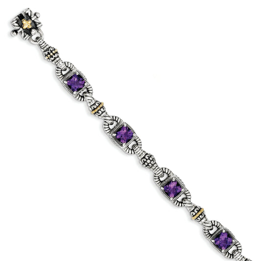 14K/Silver Two Tone Shey Couture Sterling Silver With 14K Accent 7.25 Inch Antiqued Cushion Amethyst Bracelet