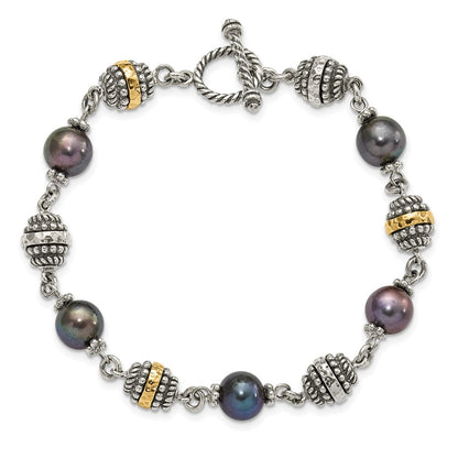 14K/Silver Two Tone Sterling Silver 14Ky Accent Polished & Antiqued Freshwater Cultured Black Pearl Bracelet