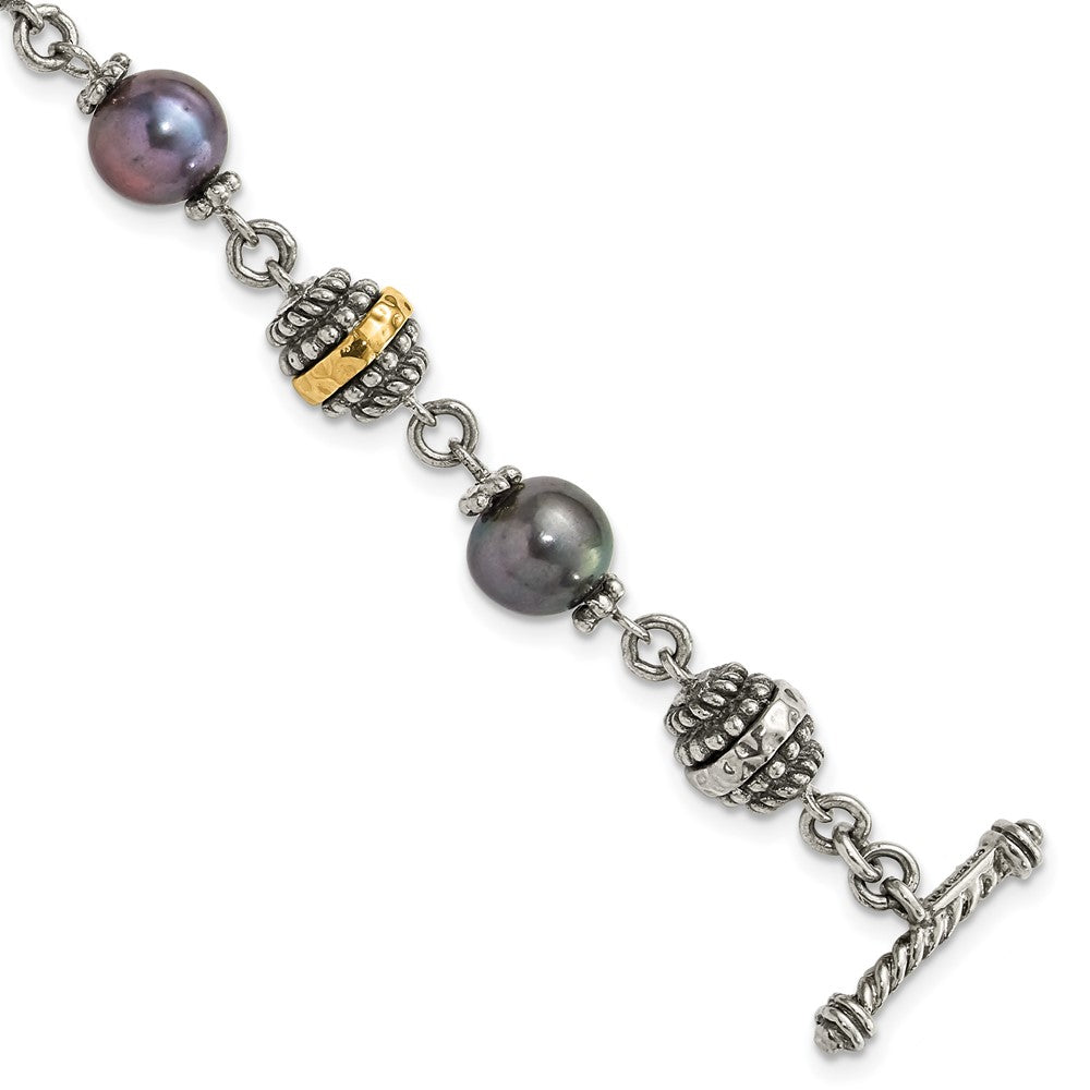 14K/Silver Two Tone Sterling Silver 14Ky Accent Polished & Antiqued Freshwater Cultured Black Pearl Bracelet