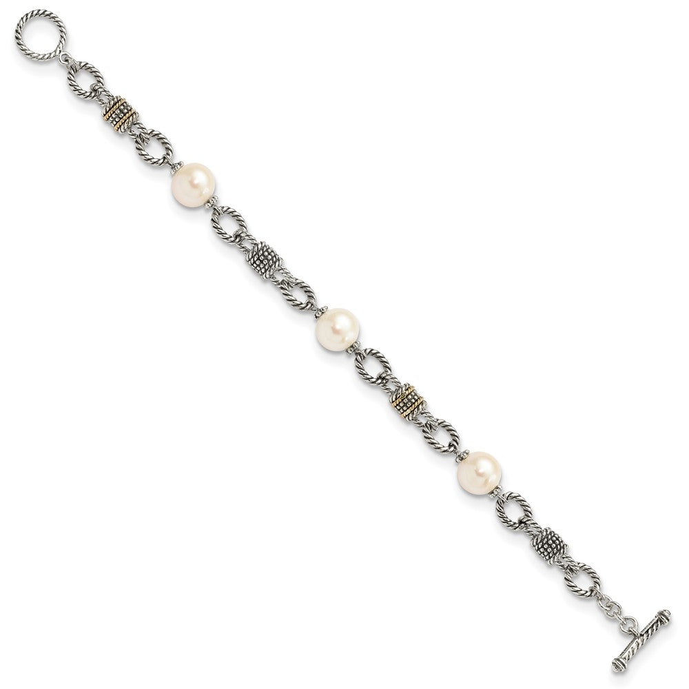 14K/Silver Two Tone Shey Couture Sterling Silver With 14K Accent 7.5 Inch Antiqued 10 10.5mm Freshwater Cultured Pearl Bracelet