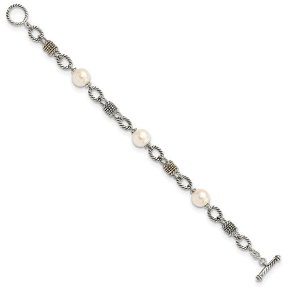 14K/Silver Two Tone Shey Couture Sterling Silver With 14K Accent 7.5 Inch Antiqued 10 10.5mm Freshwater Cultured Pearl Bracelet