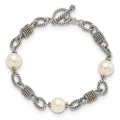 14K/Silver Two Tone Shey Couture Sterling Silver With 14K Accent 7.5 Inch Antiqued 10 10.5mm Freshwater Cultured Pearl Bracelet