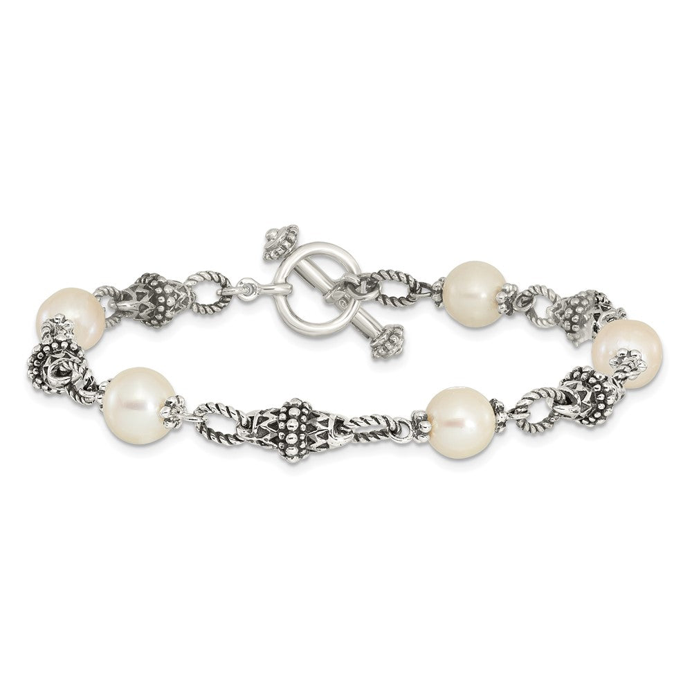Sterling Silver Shey Couture 8 Inch Antiqued 8.5mm Freshwater Cultured Pearl Bracelet