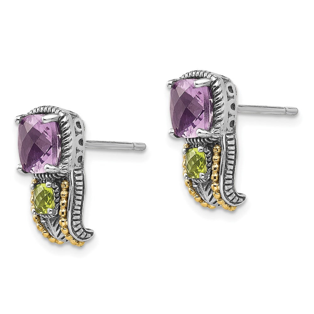 14K/Silver Two Tone Shey Couture Sterling Silver With 14K Accent Antiqued Cushion 1.50 Amethyst And .24 Peridot Post Earrings