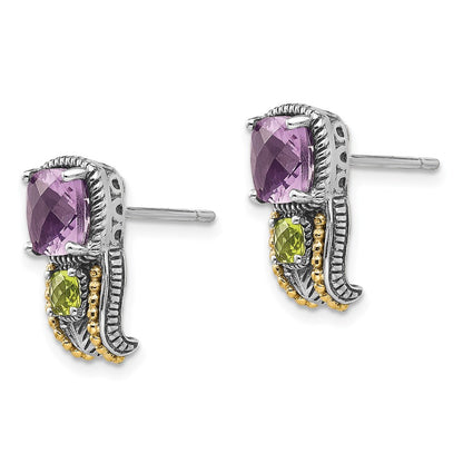 14K/Silver Two Tone Shey Couture Sterling Silver With 14K Accent Antiqued Cushion 1.50 Amethyst And .24 Peridot Post Earrings