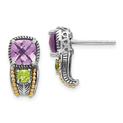 14K/Silver Two Tone Shey Couture Sterling Silver With 14K Accent Antiqued Cushion 1.50 Amethyst And .24 Peridot Post Earrings