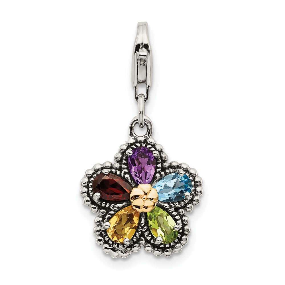 14K/Silver Two Tone Shey Couture Sterling Silver With 14K Accent Antiqued Pear Shaped Amethyst Citrine Blue Topaz Peridot And Garnet Multicolored Gemstone Flower Lobster Clasp Charm