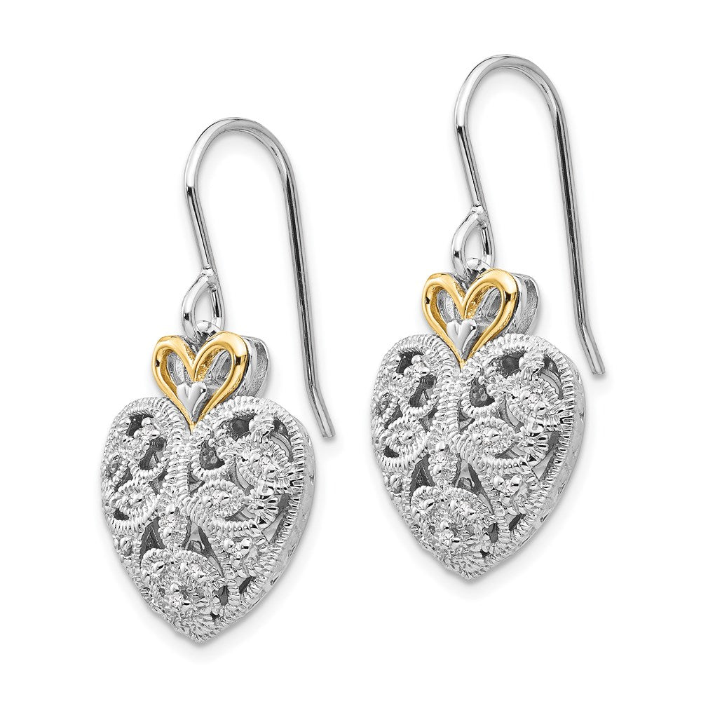 14K/Silver Two Tone Shey Couture Sterling Silver Rhodium Plated With 14K Accent Diamond Shepherd Hook Dangle Vintage Heart Earrings