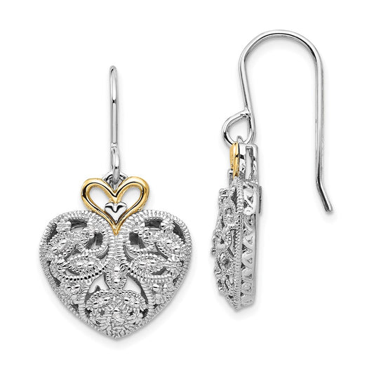 14K/Silver Two Tone Shey Couture Sterling Silver Rhodium Plated With 14K Accent Diamond Shepherd Hook Dangle Vintage Heart Earrings