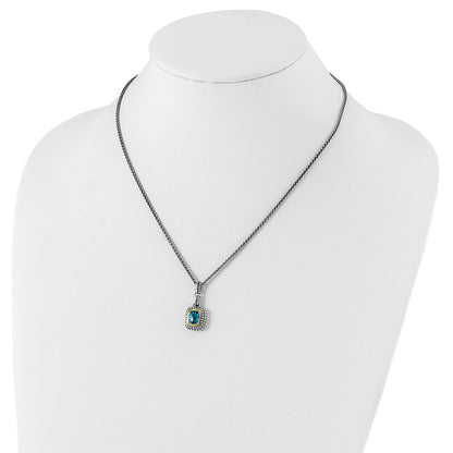 14K/Silver Two Tone Shey Couture Sterling Silver With 14K Accent 18 Inch Antiqued Cushion Bezel Swiss Blue Topaz Necklace