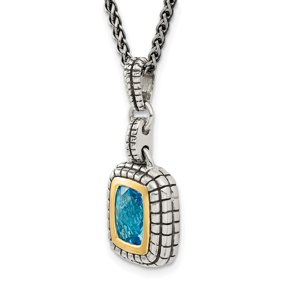14K/Silver Two Tone Shey Couture Sterling Silver With 14K Accent 18 Inch Antiqued Cushion Bezel Swiss Blue Topaz Necklace