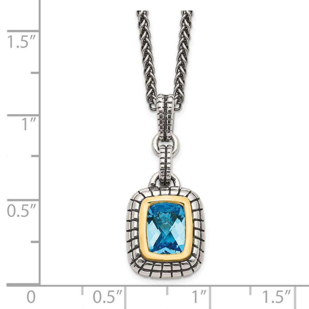 14K/Silver Two Tone Shey Couture Sterling Silver With 14K Accent 18 Inch Antiqued Cushion Bezel Swiss Blue Topaz Necklace