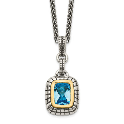 14K/Silver Two Tone Shey Couture Sterling Silver With 14K Accent 18 Inch Antiqued Cushion Bezel Swiss Blue Topaz Necklace