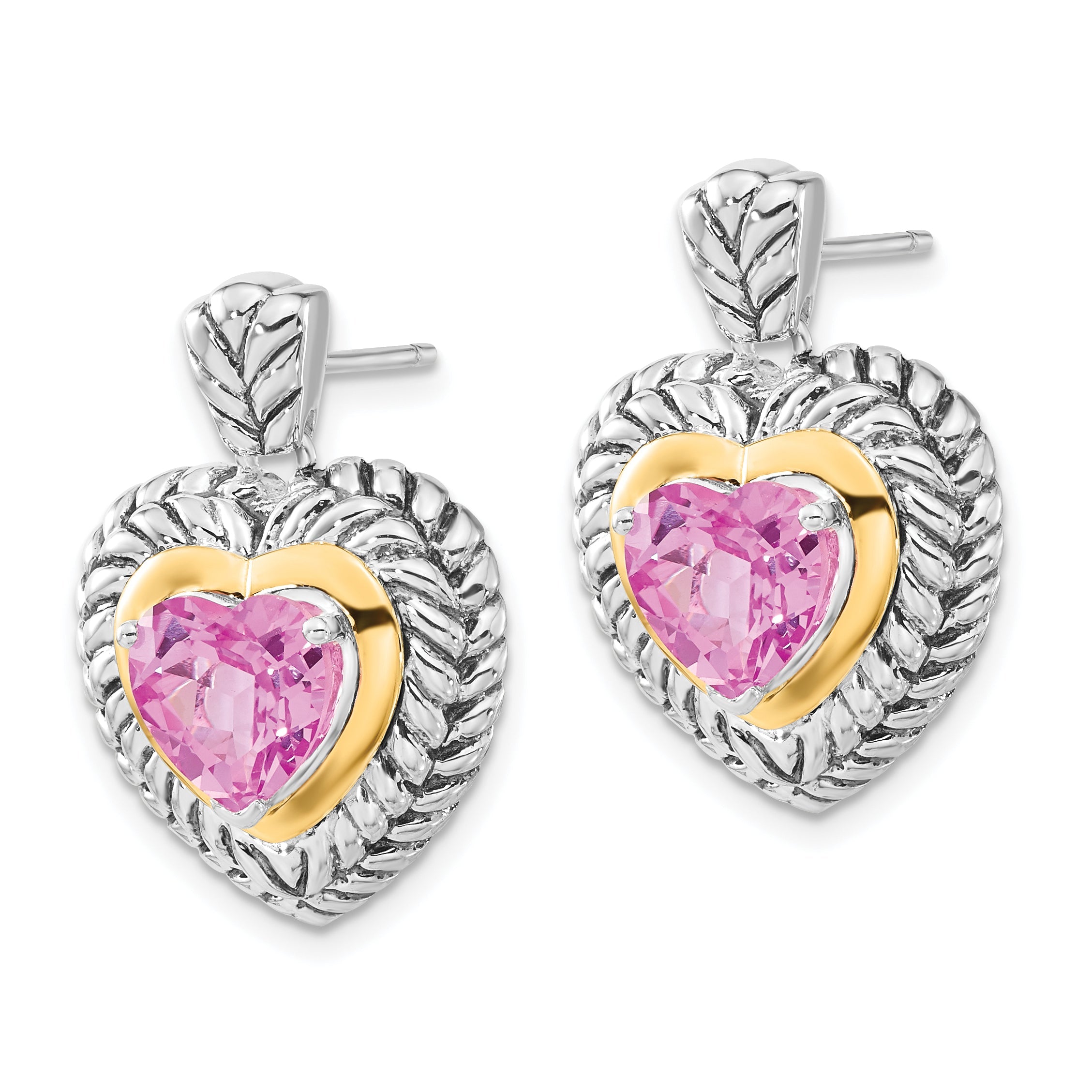 14K/Silver Two Tone Sterling Silver W/ 14Ky Accent Polished & Antiqued Created Pink Sapphire Heart Post Dangle Earrings