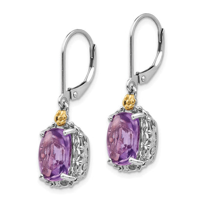 14K/Silver Two Tone Shey Couture Sterling Silver Antiqued With 14K Accent Cushion Amethyst Leverback Dangle Earrings