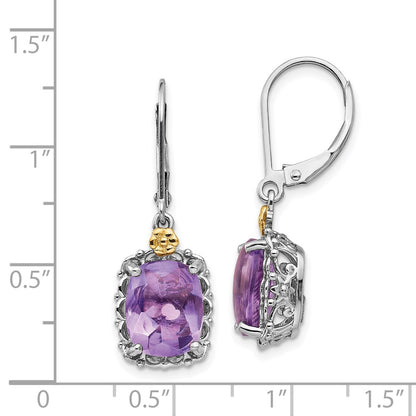 14K/Silver Two Tone Shey Couture Sterling Silver Antiqued With 14K Accent Cushion Amethyst Leverback Dangle Earrings
