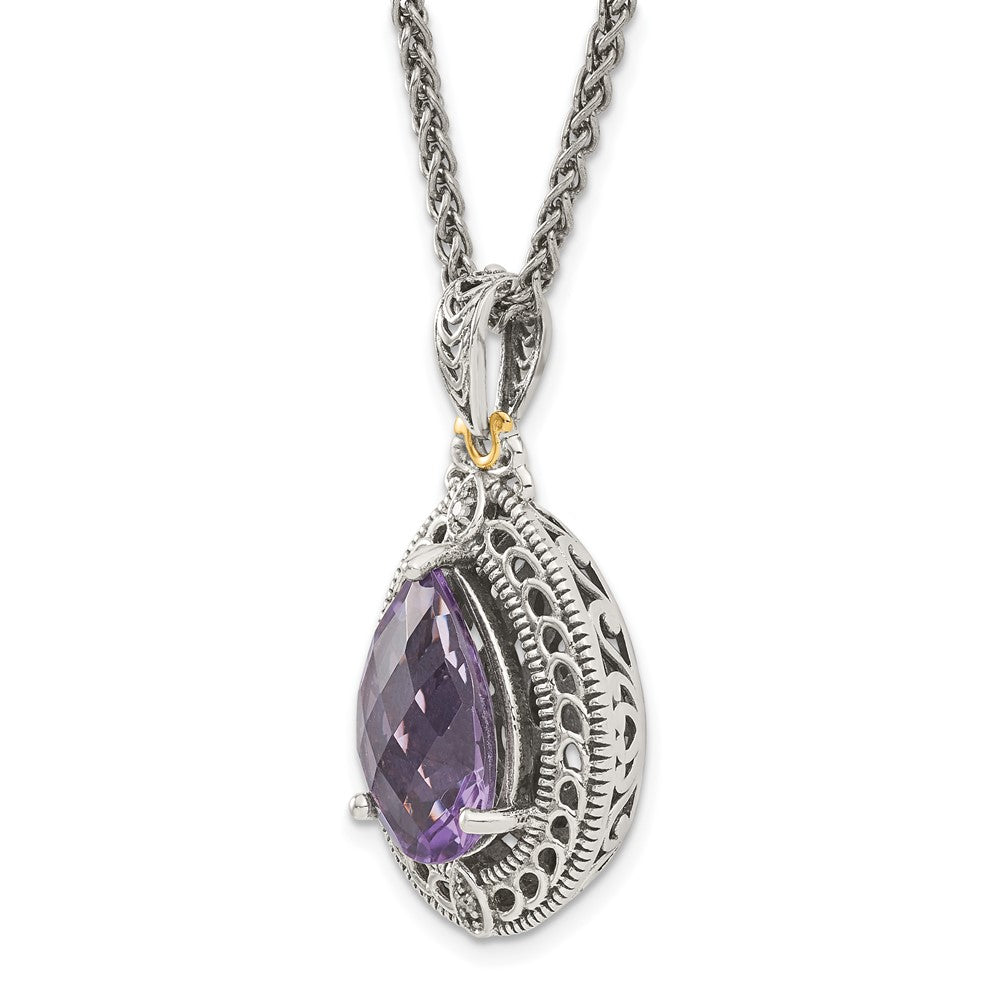 14K/Silver Two Tone Shey Couture Sterling Silver With 14K Accent 18 Inch Antiqued Diamond And Pear Shaped Amethyst Necklace