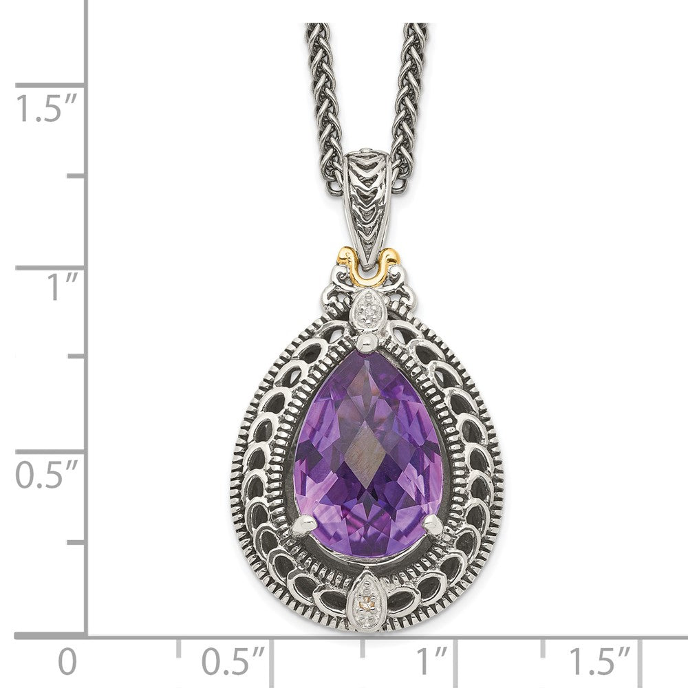 14K/Silver Two Tone Shey Couture Sterling Silver With 14K Accent 18 Inch Antiqued Diamond And Pear Shaped Amethyst Necklace