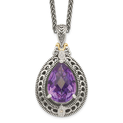 14K/Silver Two Tone Shey Couture Sterling Silver With 14K Accent 18 Inch Antiqued Diamond And Pear Shaped Amethyst Necklace