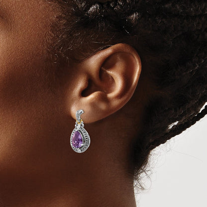 14K/Silver Two Tone Shey Couture Sterling Silver With 14K Accent Antiqued Diamond And Pear Shaped Amethyst Earrings