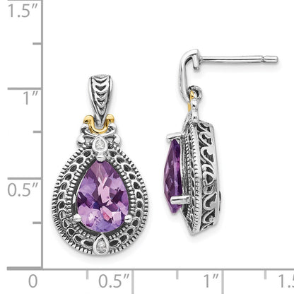 14K/Silver Two Tone Shey Couture Sterling Silver With 14K Accent Antiqued Diamond And Pear Shaped Amethyst Earrings