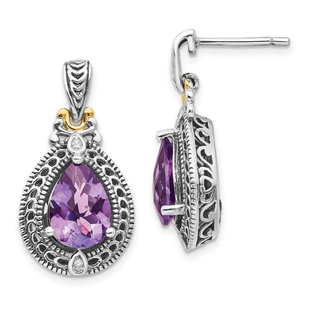 14K/Silver Two Tone Shey Couture Sterling Silver With 14K Accent Antiqued Diamond And Pear Shaped Amethyst Earrings