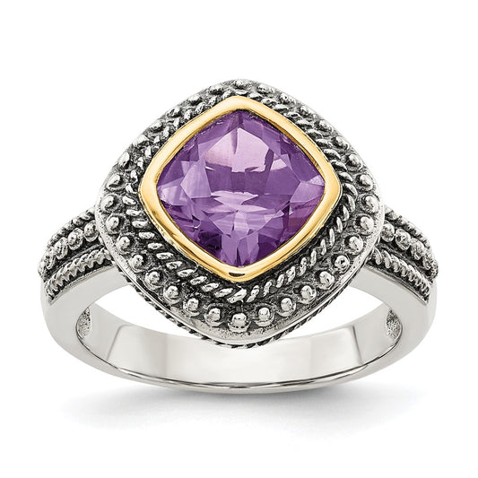 14K/Silver Two Tone Shey Couture Sterling Silver With 14K Accent Antiqued Cushion Bezel Amethyst Ring
