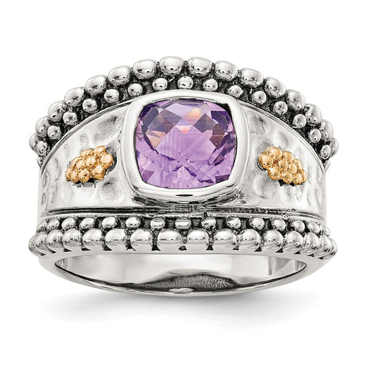 14K/Silver Two Tone Shey Couture Sterling Silver With 14K Accent Antiqued Checkerboard Cut Cushion Bezel Amethyst Ring