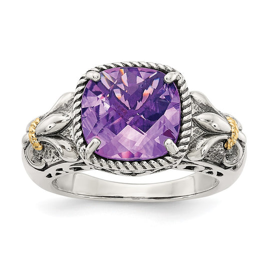 14K/Silver Two Tone Shey Couture Sterling Silver With 14K Accent Antiqued Cushion Amethyst Ring