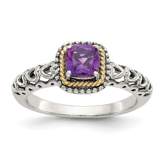 14K/Silver Two Tone Shey Couture Sterling Silver With 14K Accent Antiqued Cushion Amethyst Ring