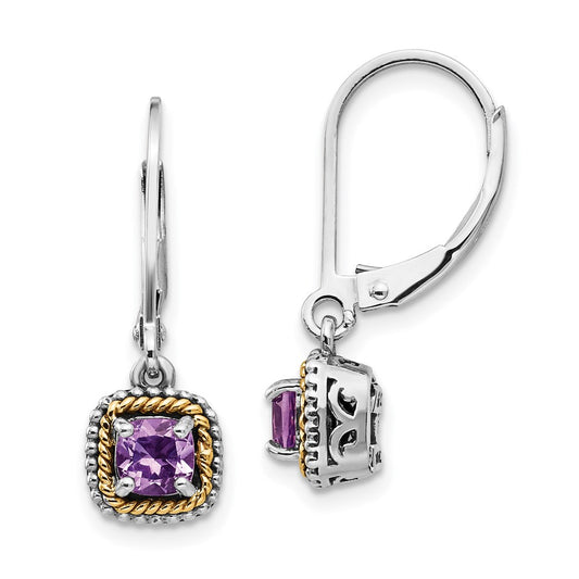 14K/Silver Two Tone Shey Couture Sterling Silver With 14K Accent Antiqued Cushion Amethyst Leverback Dangle Earrings