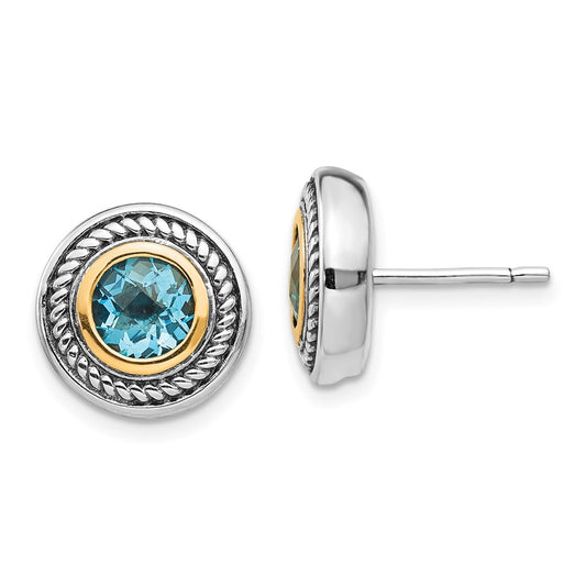 14K/Silver Two Tone Shey Couture Sterling Silver With 14K Accent Antiqued Round Blue Topaz Post Earrings