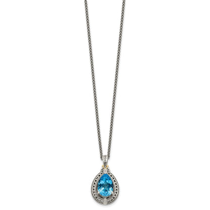 14K/Silver Two Tone Shey Couture Sterling Silver With 14K Accent 18 Inch Antiqued Diamond And Pear Shaped Blue Topaz Necklace