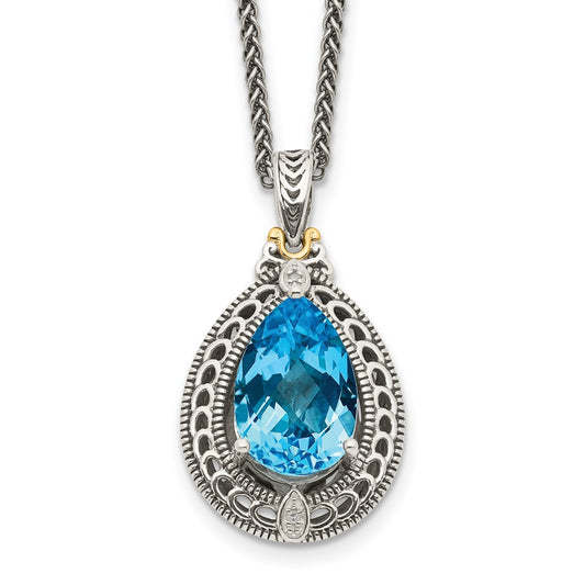 14K/Silver Two Tone Shey Couture Sterling Silver With 14K Accent 18 Inch Antiqued Diamond And Pear Shaped Blue Topaz Necklace