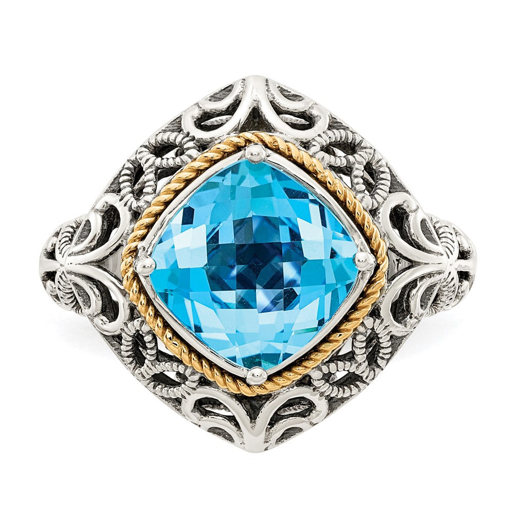 14K/Silver Two Tone Shey Couture Sterling Silver With 14K Accent Antiqued Cushion Blue Topaz Ring