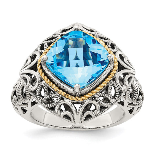 14K/Silver Two Tone Shey Couture Sterling Silver With 14K Accent Antiqued Cushion Blue Topaz Ring