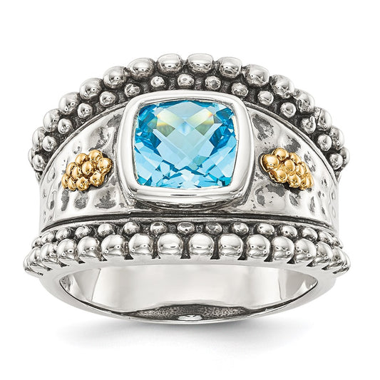 14K/Silver Two Tone Shey Couture Sterling Silver With 14K Accent Antiqued Checkerboard Bezel Blue Topaz Ring