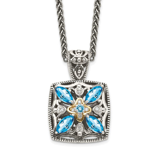 14K/Silver Two Tone Shey Couture Sterling Silver With 14K Accent 18 Inch Antiqued Diamond And Marquise Blue Topaz Necklace