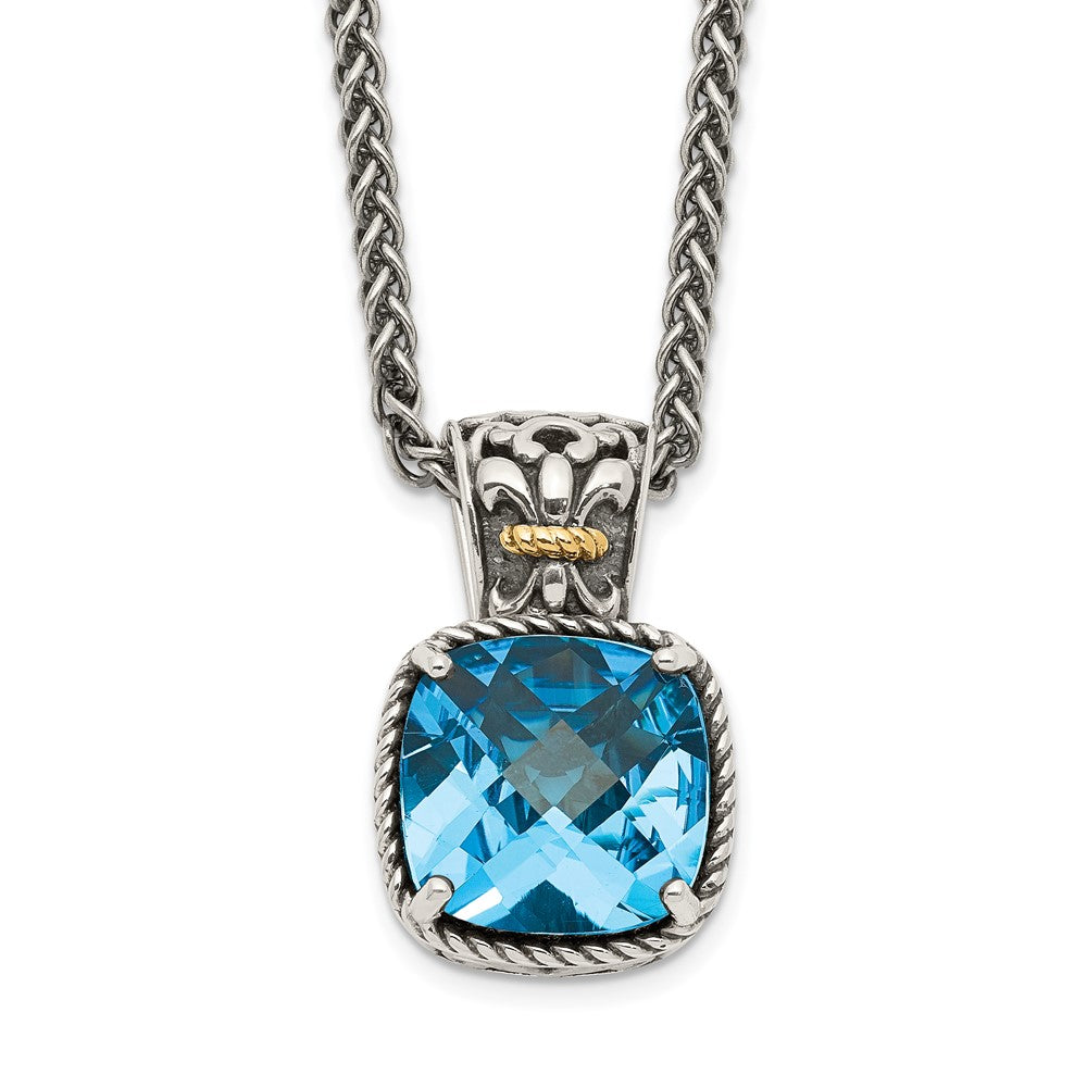 14K/Silver Two Tone Shey Couture Sterling Silver With 14K Accent 18 Inch Antiqued Cushion Blue Topaz Necklace