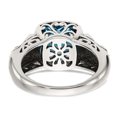 14K/Silver Two Tone Shey Couture Sterling Silver With 14K Accent Antiqued Cushion Checkerboard Blue Topaz Ring