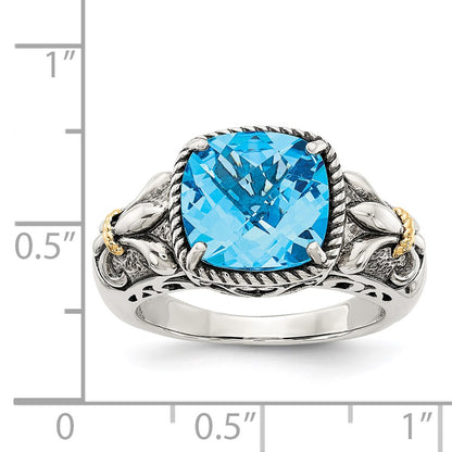 14K/Silver Two Tone Shey Couture Sterling Silver With 14K Accent Antiqued Cushion Checkerboard Blue Topaz Ring